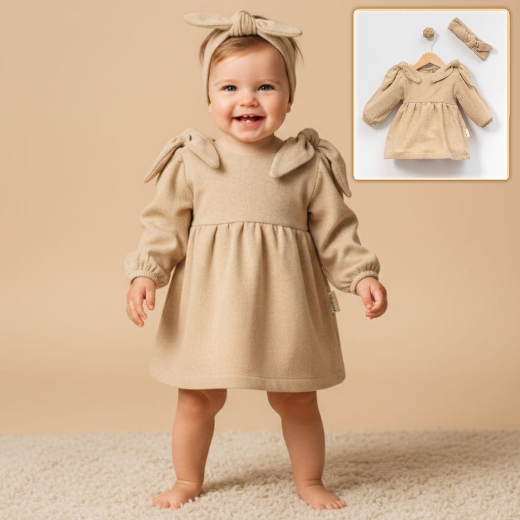Beige Baby Girl Dress Set – Textured Long-Sleeve Dress with Shoulder Bows & Matching Headband