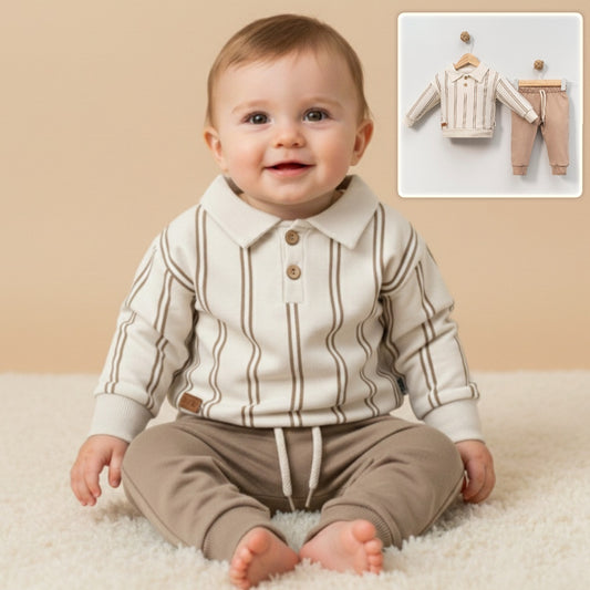 Cream & Brown Baby Boy Outfit – Striped Shirt with Buttons & Light Brown Drawstring Pants