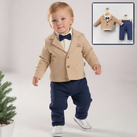 Beige & Navy Baby Boy Formal Outfit – Jacket with Bow Tie, Shirt & Pants Set