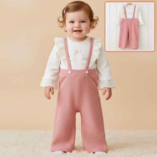 White & Pink Baby Girl Outfit – Lace Ruffle Top with Textured Suspender Pants