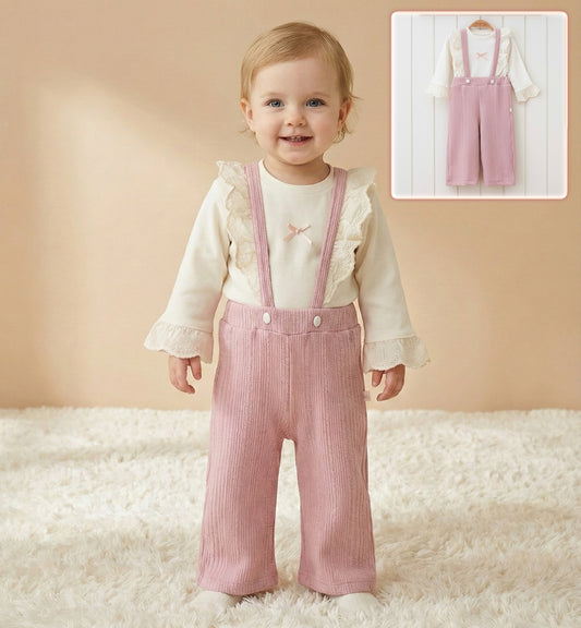 Cream & Pink Baby Girl Outfit – Lace Ruffle Top with Ribbed Suspender Pants