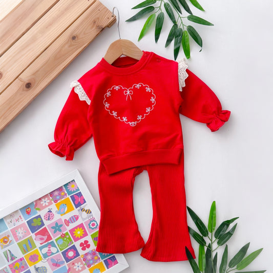 Red Baby Girl Outfit – Heart Motif Top with Lace Ruffles & Flared Ribbed Pants