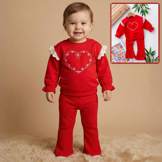 Red Baby Girl Outfit – Heart Motif Top with Lace Ruffles & Flared Ribbed Pants