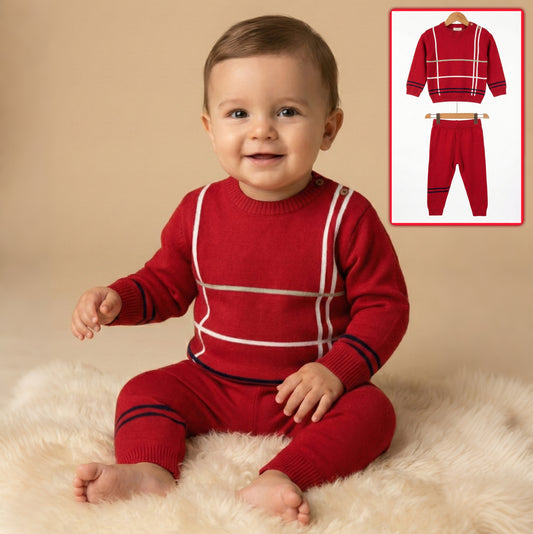 Red Knitted Baby Outfit – Plaid Sweater & Pants Set with Navy Accents for Fall/Winter