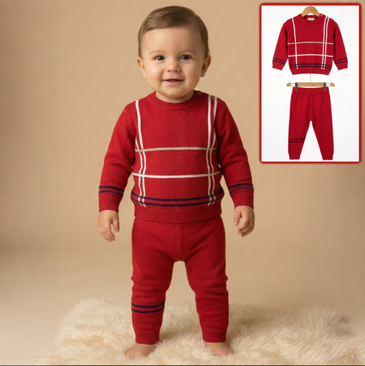 Red Knitted Baby Outfit – Plaid Sweater & Pants Set with Navy Accents for Fall/Winter
