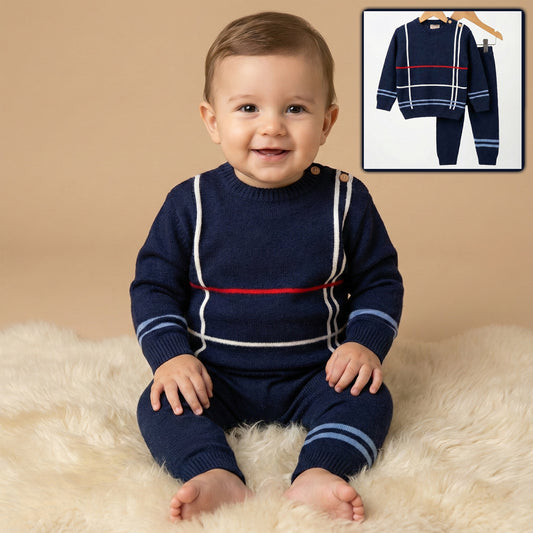 Navy Knitted Baby Outfit – Grid Sweater & Pants Set with Light Blue Accents