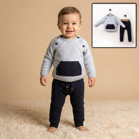 Gray & Navy Knitted Baby Outfit – Sweater with Pocket & Cable-Knit Pants Set