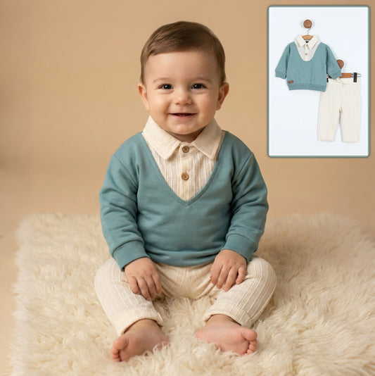 Teal & Cream Knitted Baby Outfit – Layered-Look Top with Buttons & Ribbed Pants Set