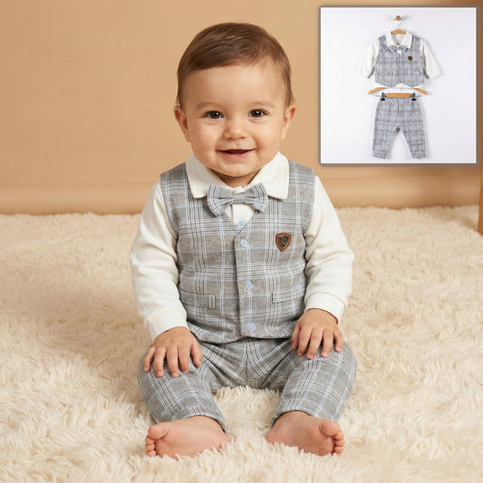 Gray Plaid Baby Boy Formal Outfit – Vest, Bow Tie, Shirt & Pants Set