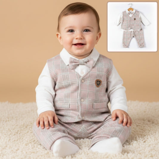 Beige Plaid Baby Boy Formal Outfit – Vest, Bow Tie, Shirt & Pants Set