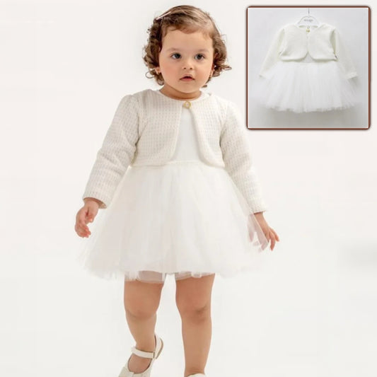 White Baby Girl Dress – Textured Cardigan Top with Layered Tulle Skirt for Special Occasions