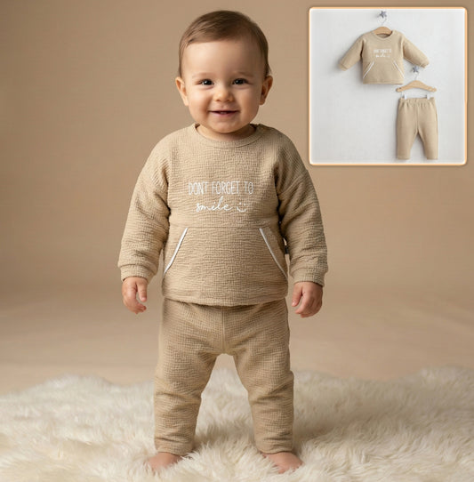 Beige Toddler Outfit – 2-Piece Set with “Don’t Forget to Smile” Top & Pants