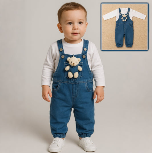 “Bear Pocket” Baby One-Piece – Denim Overall Style with Striped Sleeves & Plush Toy Detail