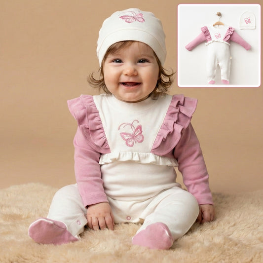 Butterfly Baby Girl Outfit – 2-Piece Set with Ruffled Romper & Matching Hat