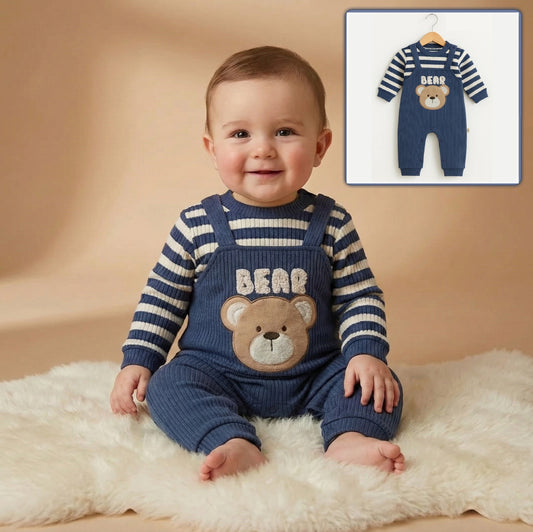 “Bear” Baby Boy One-Piece – Navy Ribbed Overall with Striped Sleeves & Embroidered Detail