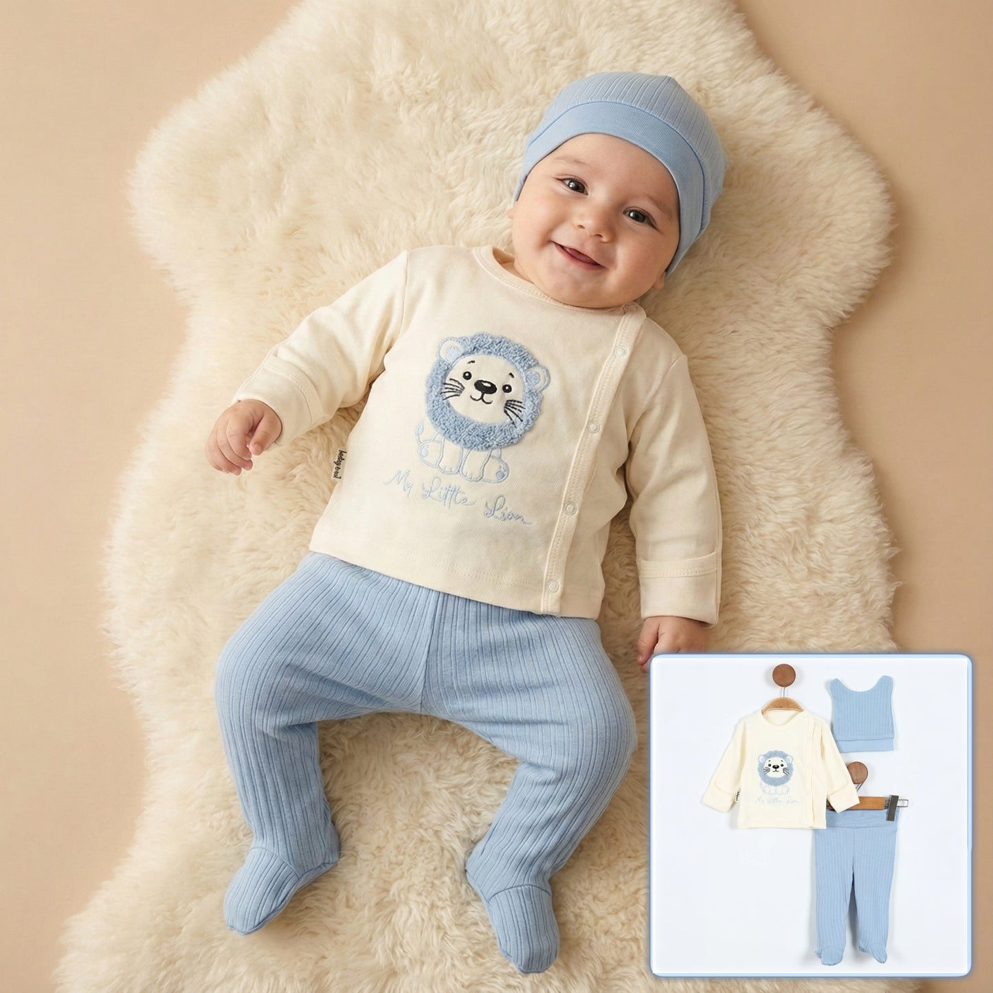 “My Little Lion” Baby Boy Outfit – 3-Piece Set with Embroidered Shirt, Ribbed Pants & Vest