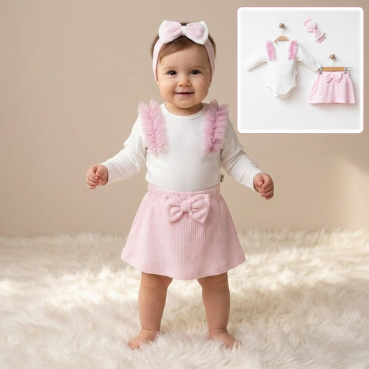 Pink & White Baby Girl Outfit – Ruffle Onesie, Bow Skirt & Matching Headband Set