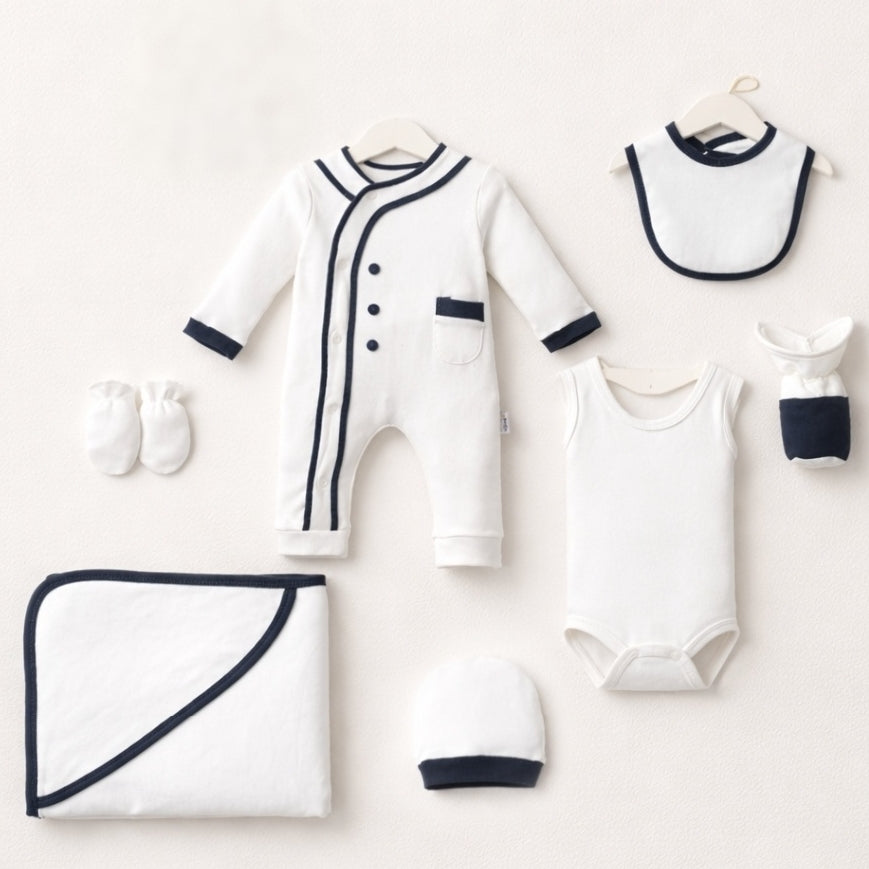 White & Navy Baby Outfit Set – 7-Piece Ensemble with Formal Onesie, Blanket & Accessories