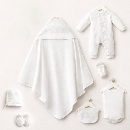 White Newborn Baby Girl Set – 7-Piece Outfit with Lace Blanket & Accessories