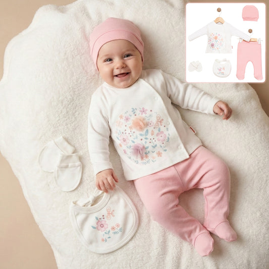 Pastel Floral Newborn Baby Girl Set – 5-Piece Outfit with Bib, Mittens & Beanie