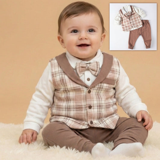 Plaid Vest & Bow Tie Shirt Set