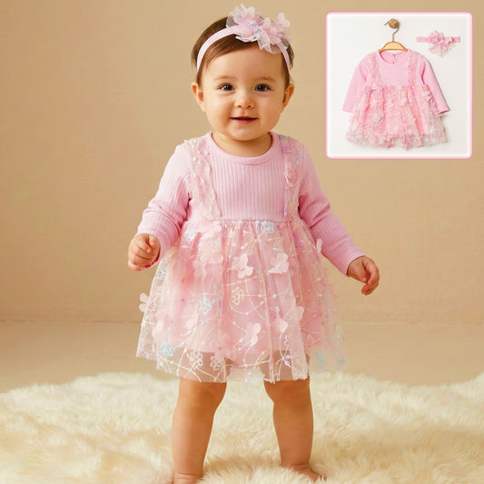 Pink Floral Tulle Dress & Headband Set