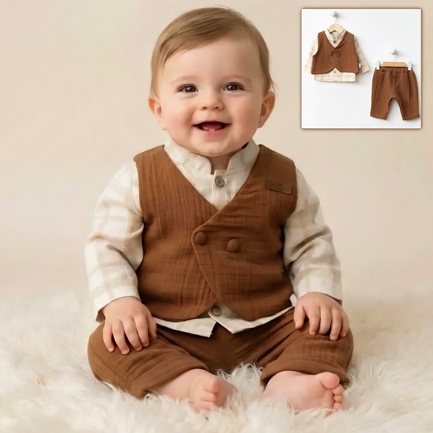 Plaid Ruffle & Textured Vest Set