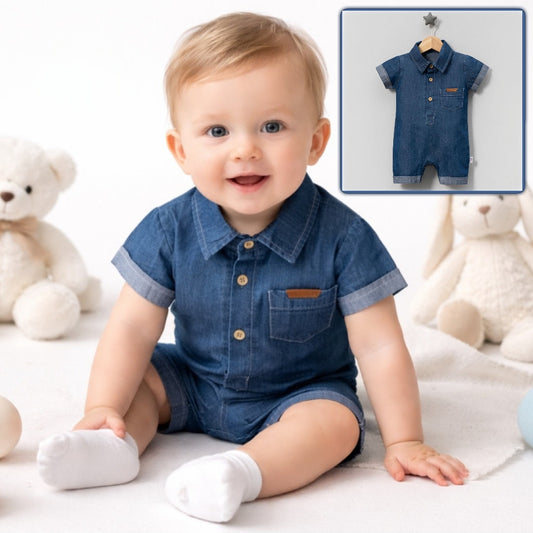 Denim Button-Up Romper with Cuffs