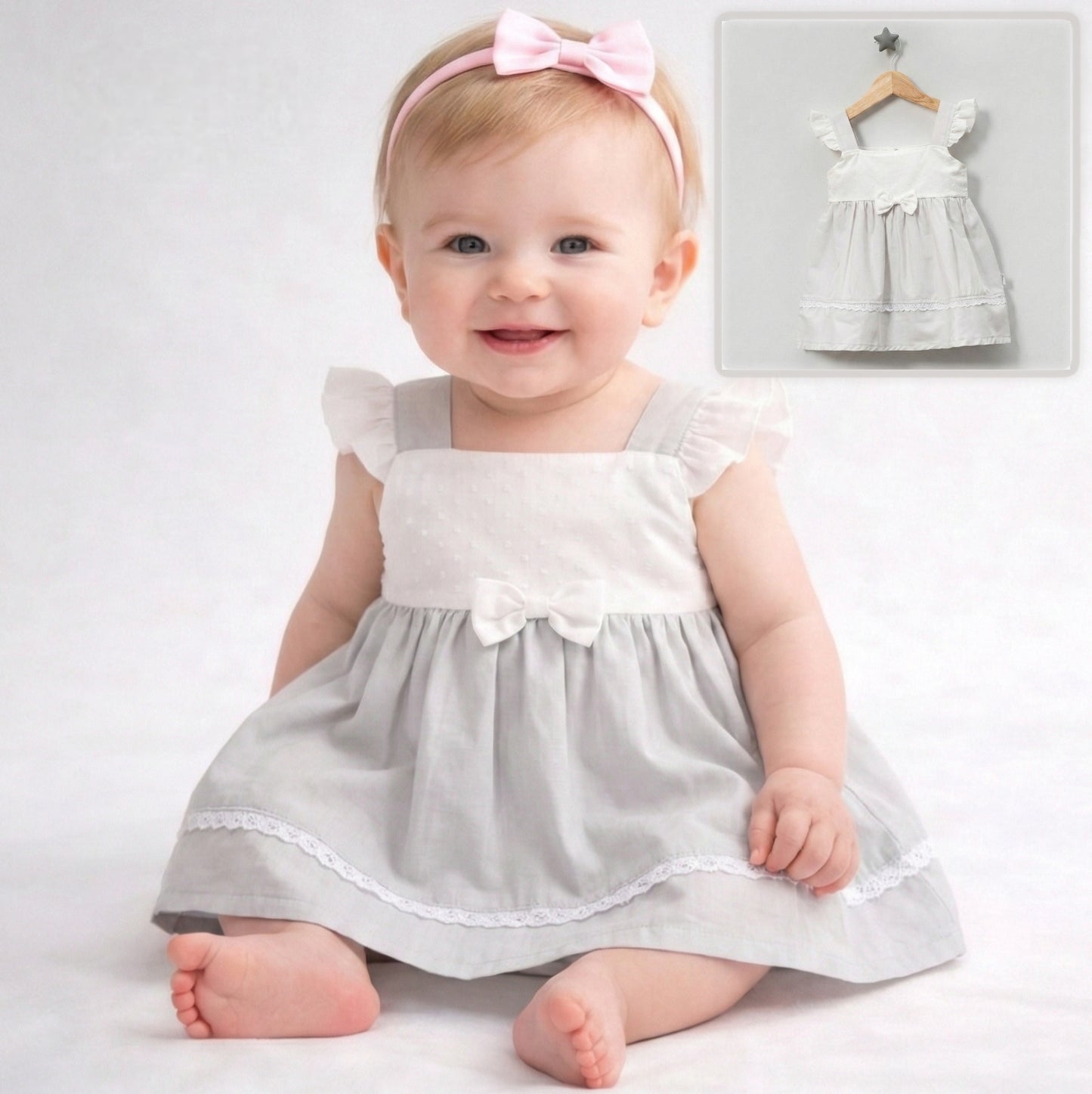 White & Light Gray Ruffle Dress