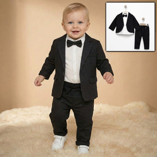 Black Baby Boy Formal Suit – 4-Piece Set with Blazer, Shirt, Pants & Bow Tie