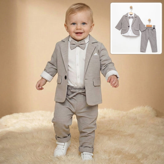 Gray Baby Boy Formal Suit – 4-Piece Set with Blazer, Shirt, Pants & Bow Tie