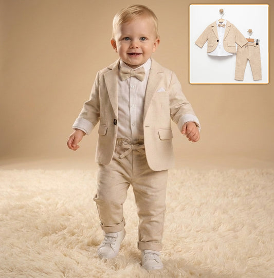 Beige Baby Boy Formal Suit – 4-Piece Set with Blazer, Shirt, Pants & Bow Tie