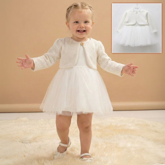 White Baby Girl Dress – Textured Cardigan Top with Layered Tulle Skirt for Special Occasions
