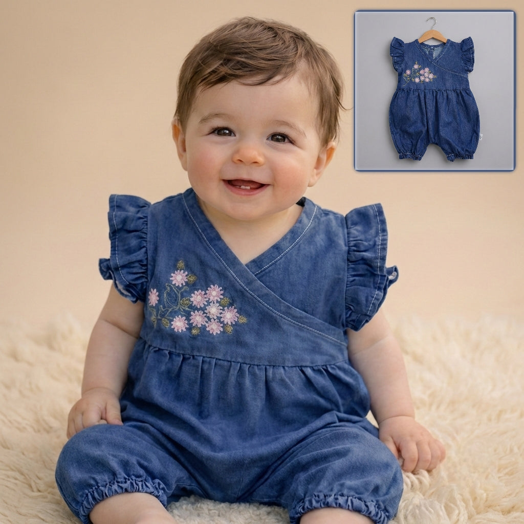 Denim Blossom Charm – Baby Girl Romper