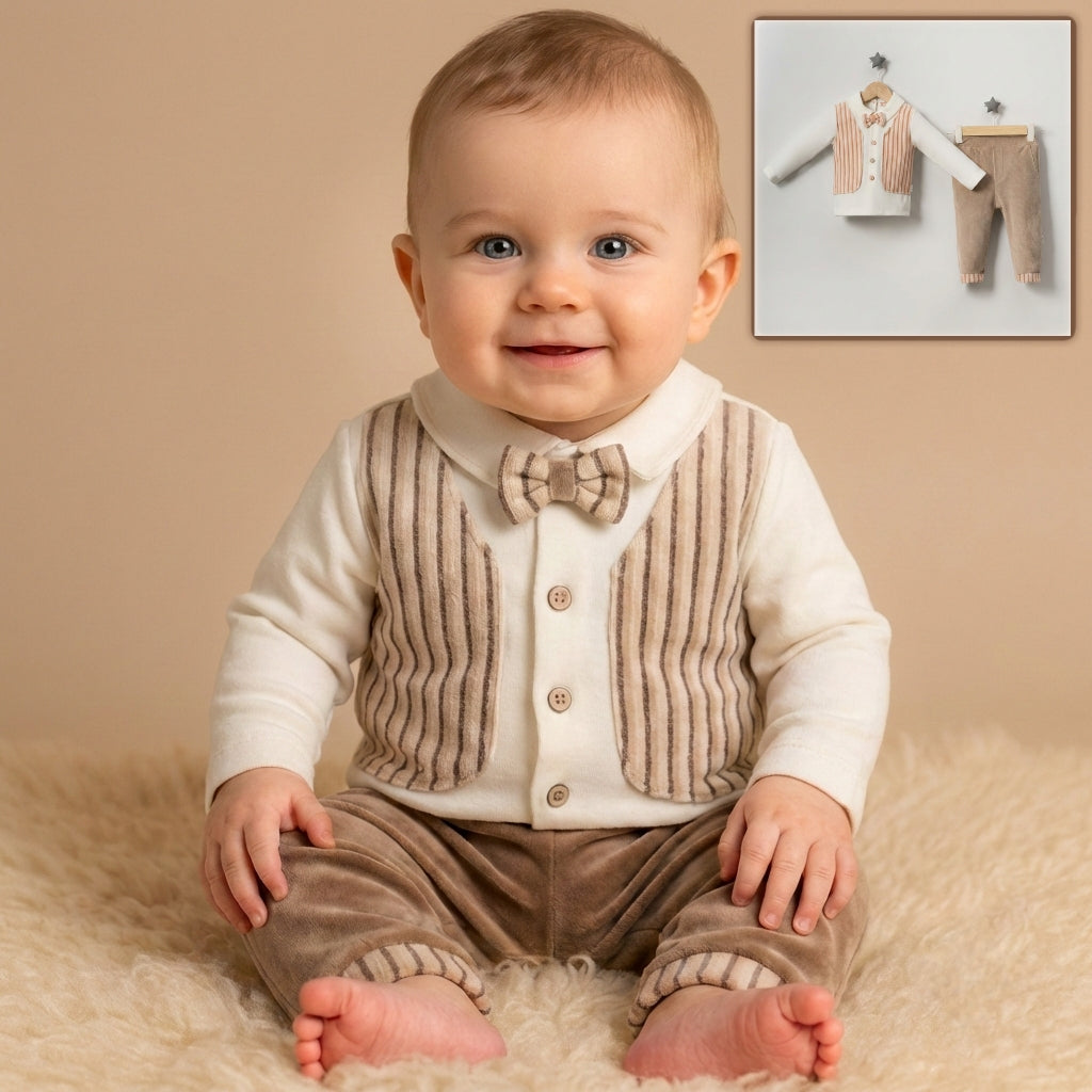 Cream & Brown Toddler Outfit – 2-Piece Set with Vest-Shirt & Pants