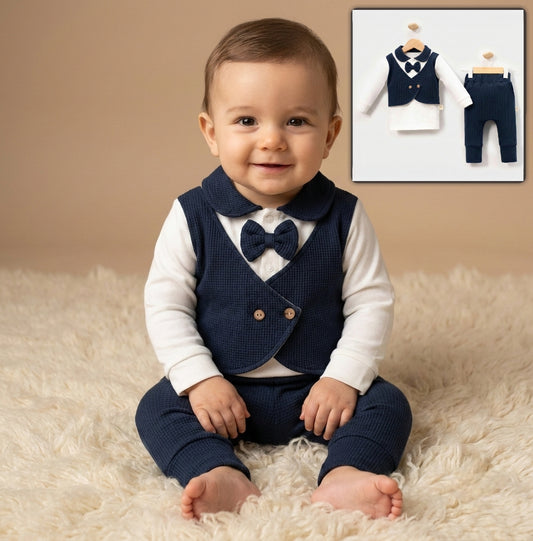 Navy Baby Boy Formal Outfit – 3-Piece Set with Vest-Shirt, Bow Tie & Pants