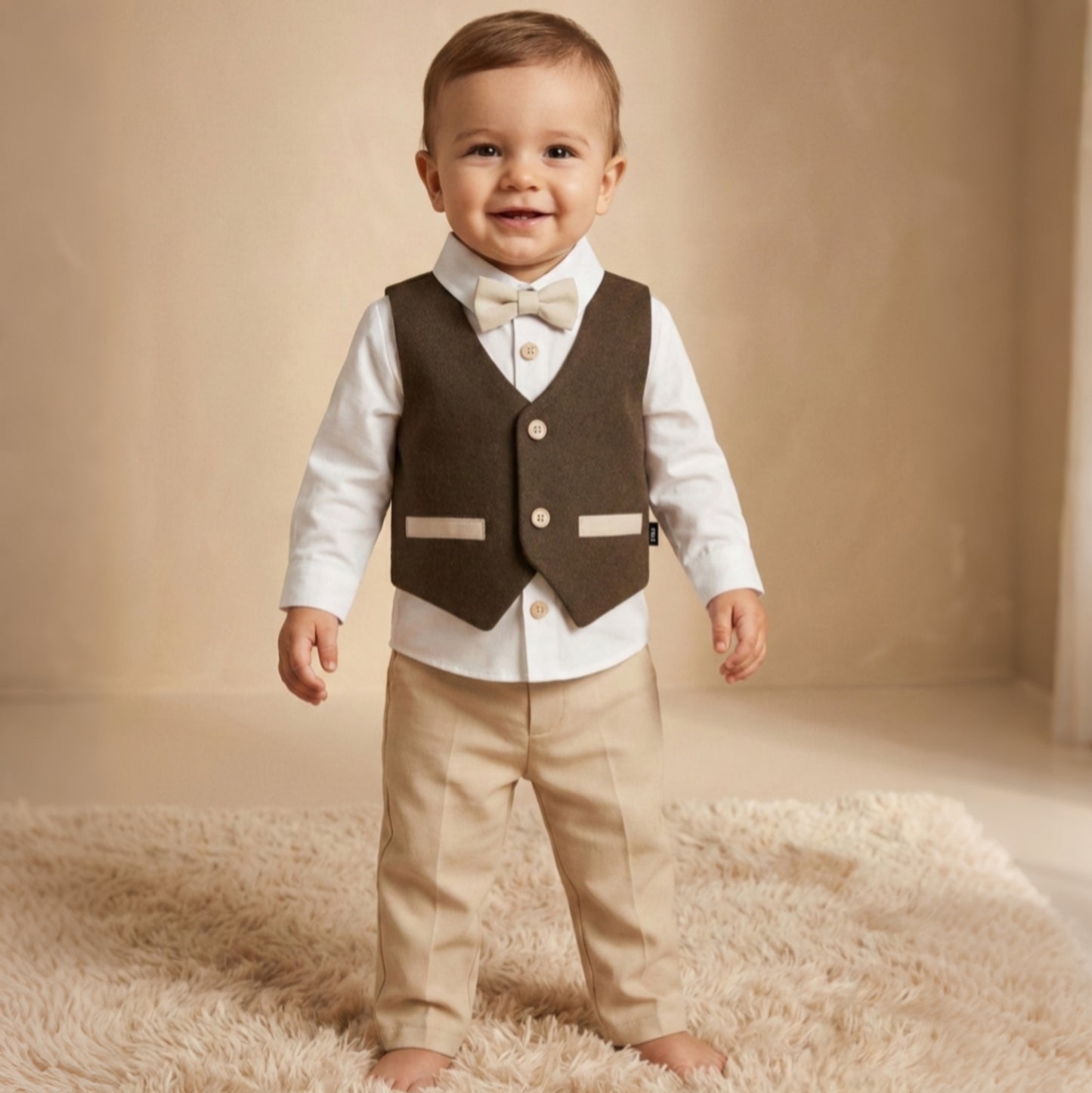 Brown & Beige Toddler Formal Outfit – 4-Piece Set