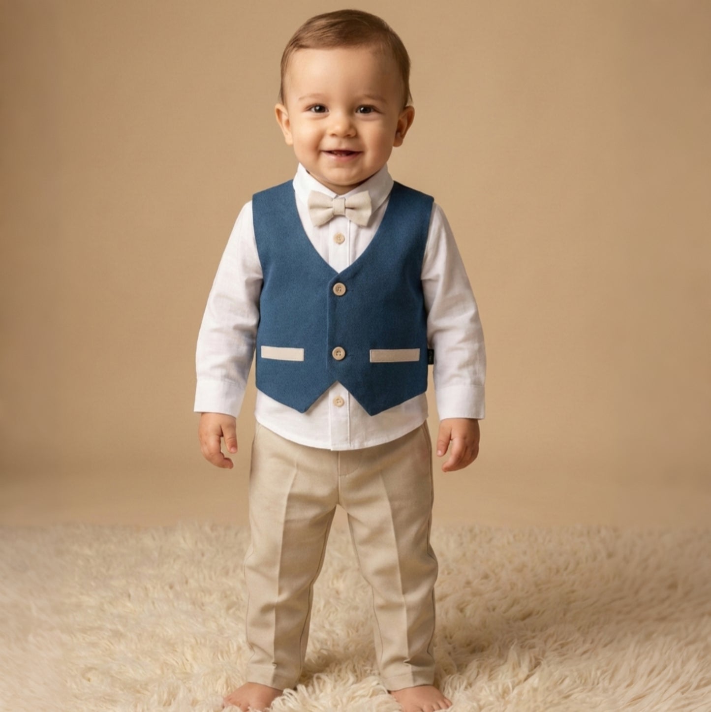 Blue & Beige Toddler Formal Outfit – 4-Piece Set