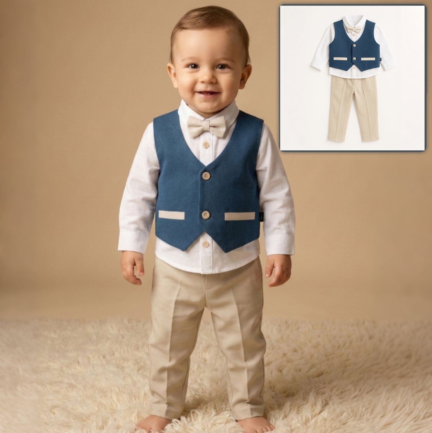 Blue & Beige Toddler Formal Outfit – 4-Piece Set