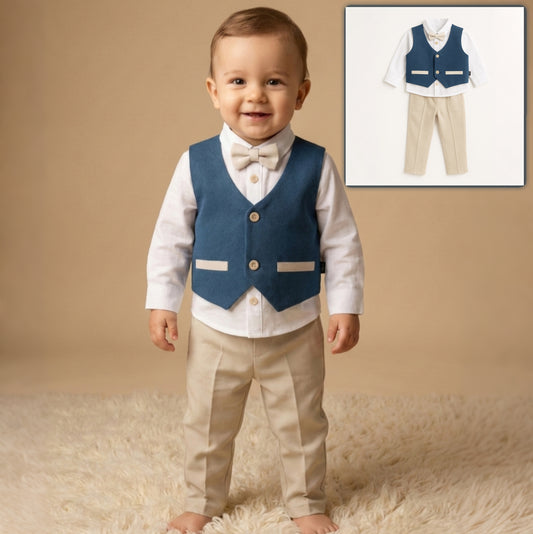 Blue & Beige Toddler Formal Outfit – 4-Piece Set