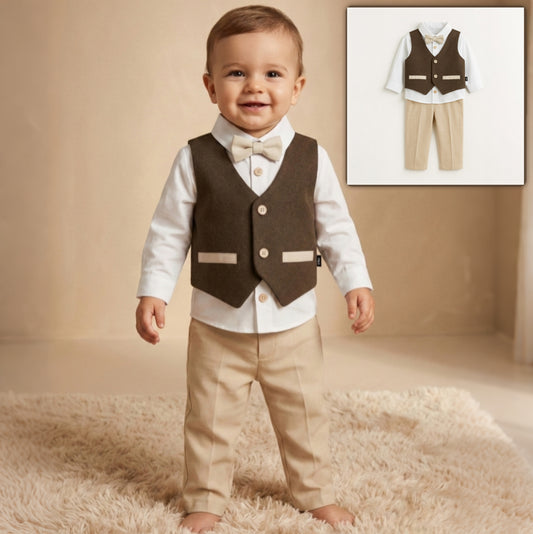 Brown & Beige Toddler Formal Outfit – 4-Piece Set