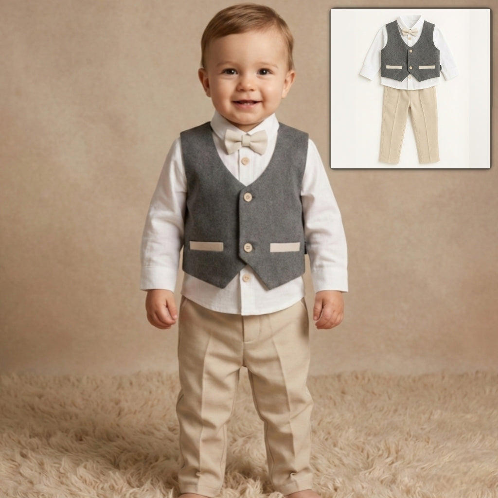 Grey & Beige Toddler Formal Outfit – 4-Piece Set