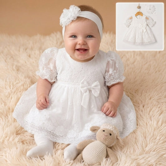 Baby Girl White Floral Lace Tutu Dress with Matching Headband