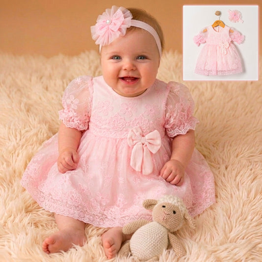 Vintage Pink Floral Lace Baby Party Dress & Headband Set