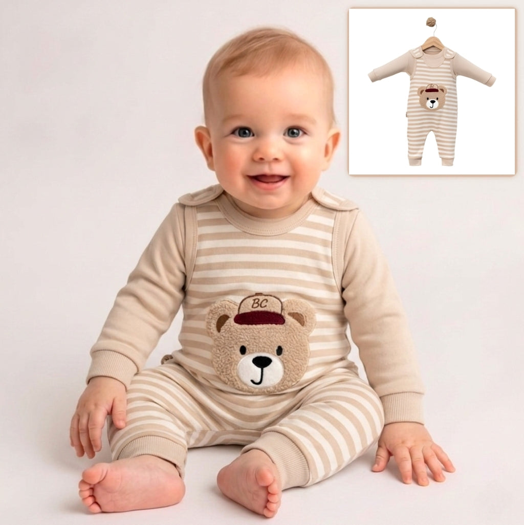 Striped Bear Baby Romper – Beige & Cream Infant Outfit