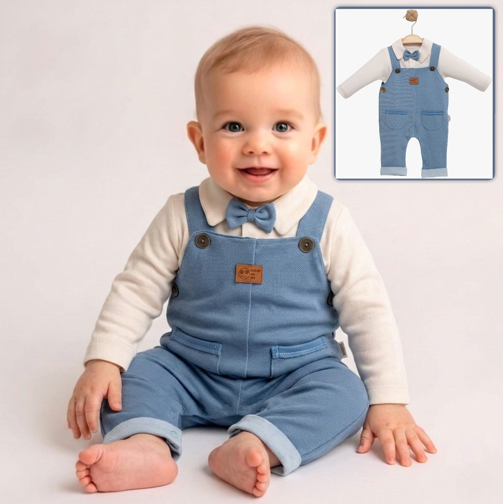 Blue Suspender Baby Outfit with Bow Tie – Classic Formal Set for Boys