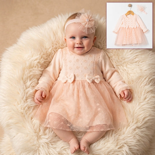 Peach Lace Baby Dress with Headband – Elegant Infant Outfit