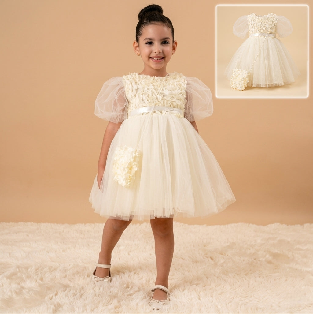 Cream Baby Girl Rosette Dress with Cross-bag  – Tulle & Purse Set