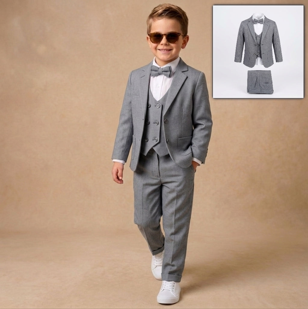 Gray Baby Formal Suit Set – Blazer, Vest & Bow Tie