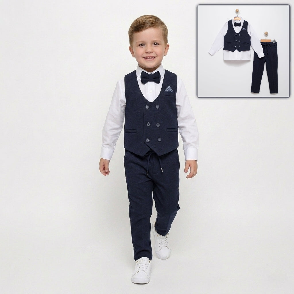 Navy Baby Vest Suit Set – Bow Tie & Trousers